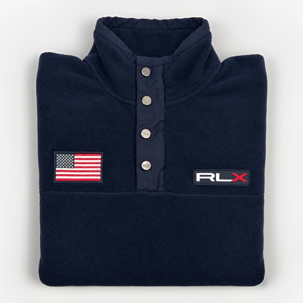 Polo Ralph Lauren RLX 1/4 Snap Pullover Fleece USA Flag Navy Blue Men's Large